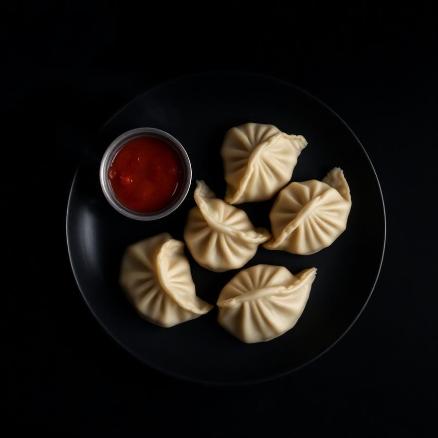 Plated steamed chicken momos with chutney