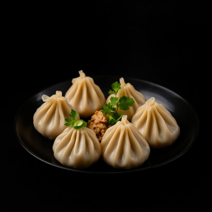 Chicken and vegetable momos garnished with coriander