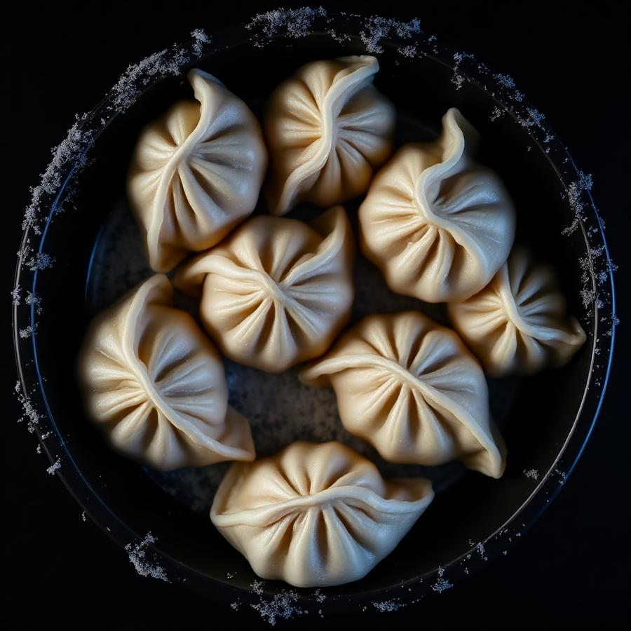 Tray of raw frozen momos