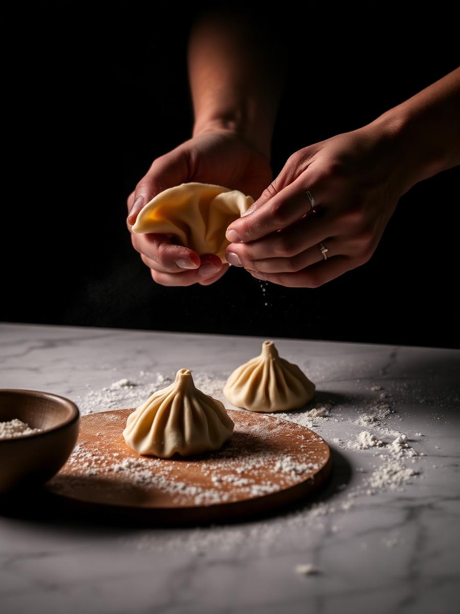 Hands folding fresh momos on a marble kitchen counter