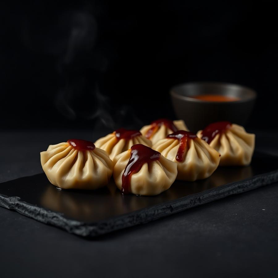 BBQ glazed chicken momos on black slate