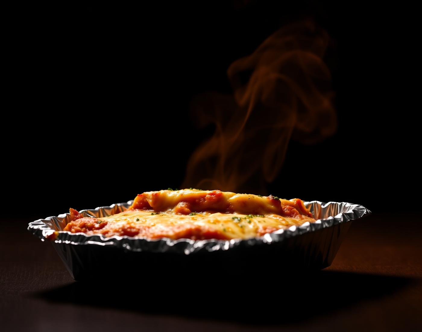 Freshly baked homemade lasagna steaming in a foil takeaway box
