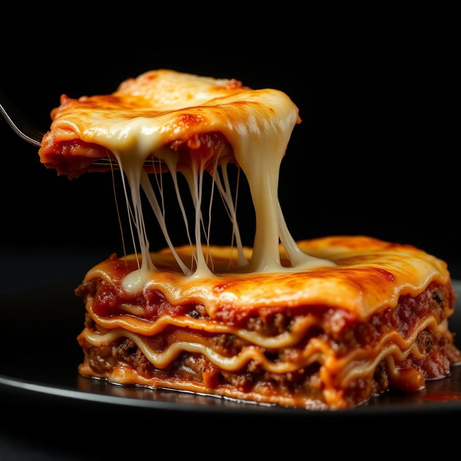 Cheese pull from a slice of homemade lasagna