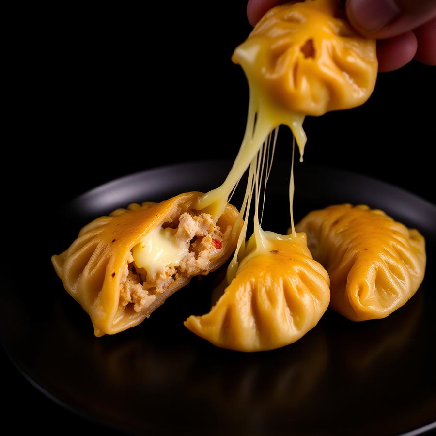 Cheese pull from a chicken cheese momo