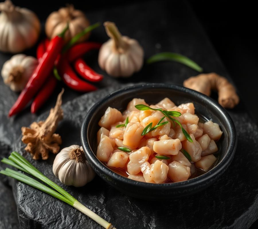 Fresh ingredients: garlic, ginger, chilies and minced chicken